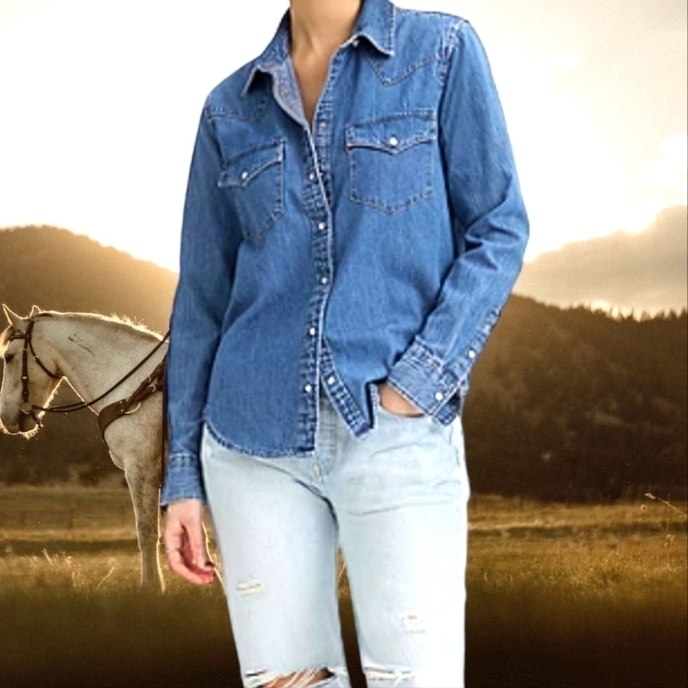 WOMEN'S Levi Strauss & Co Ultimate Western Cotton Denim Shirt Sz M L - Picture 3 of 13